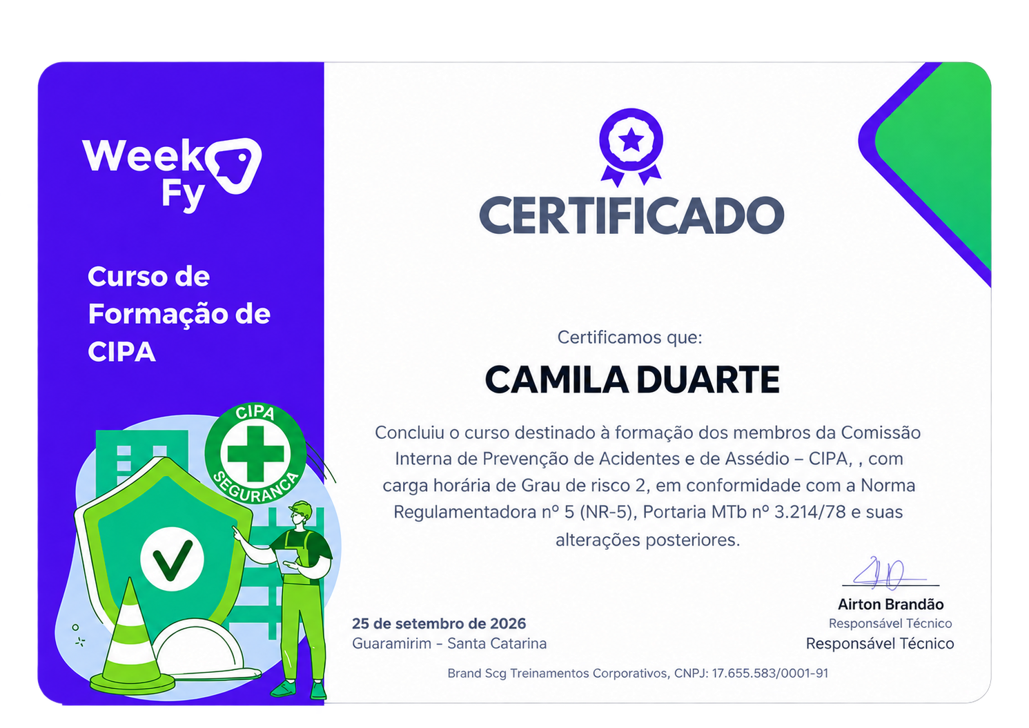 Certificado real da Formação de CIPA Week Fy Academy